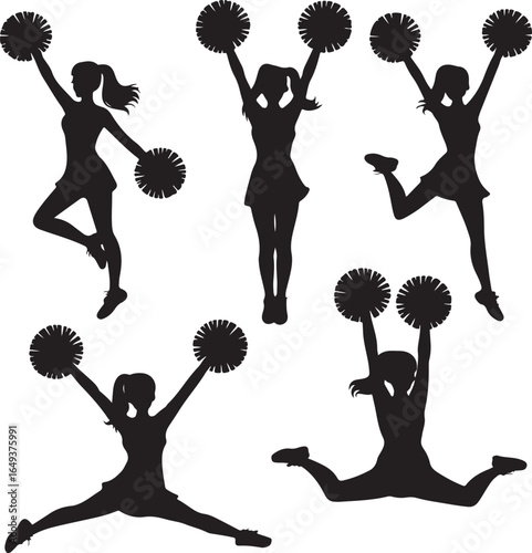 Five Cheerleader Silhouettes in Various Poses with Pom Poms cheerleading sport