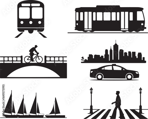City life silhouettes: travel, transport, and urban lifestyle