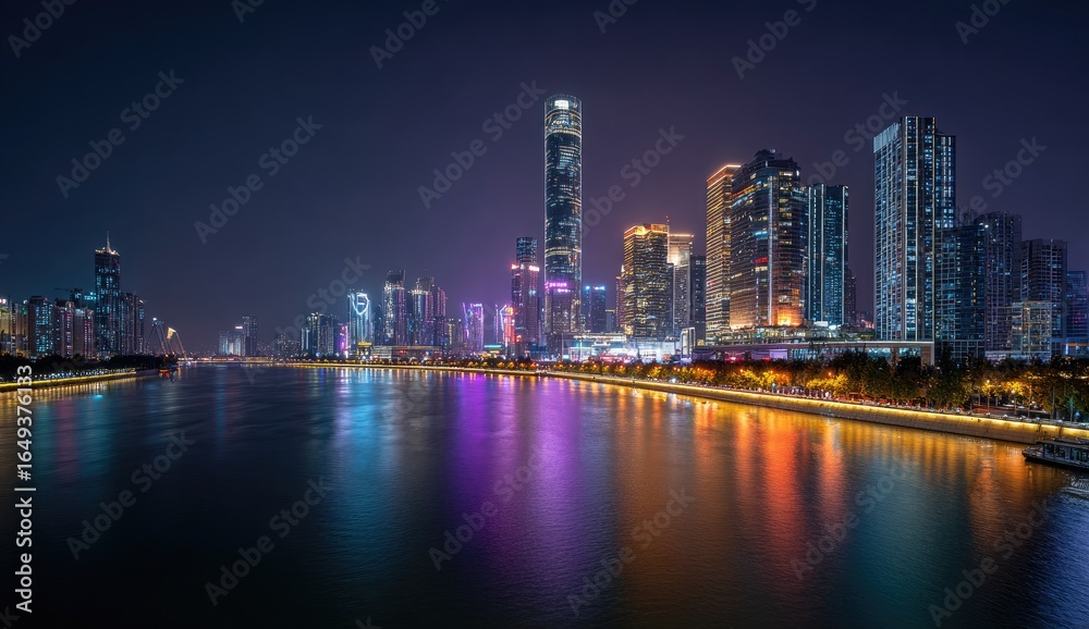 Fototapeta premium Illuminated city skyline reflecting on a river at night
