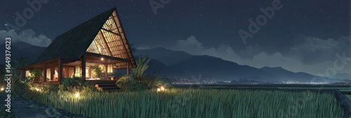 Rustic night-time landscape with a small, illuminated house in a rice paddy