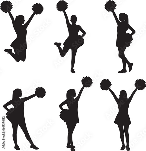 Six Cheerleader Silhouettes in Dynamic Poses with Pom Poms cheerleading sport