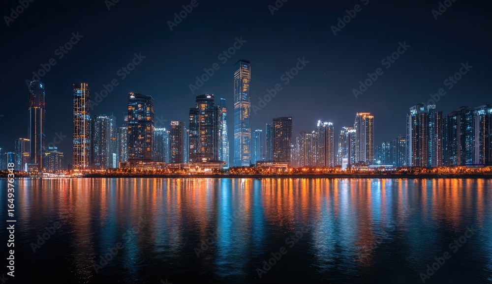 Naklejka premium Night cityscape reflecting on water