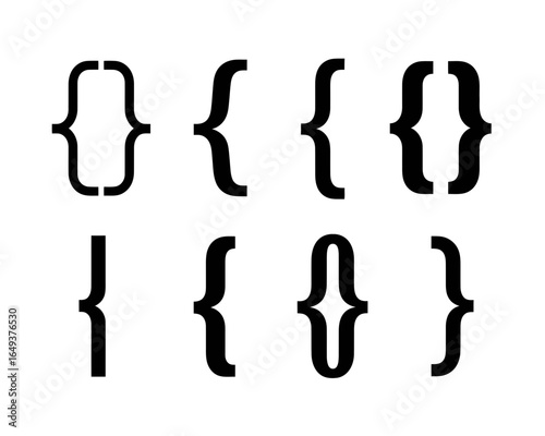 Collection of black curly braces and parentheses symbols silhouette isolated on white background