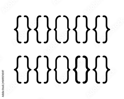 A row of black curly braces symbols silhouette isolated on white background