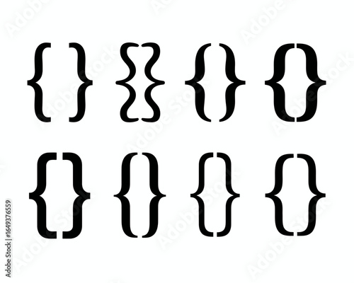 Collection of stylized curly brace symbols in silhouette isolated on white background