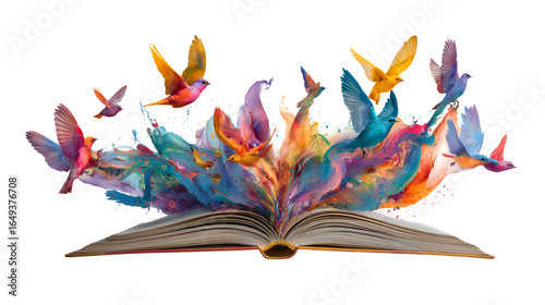 Books opening to release colorful birds of imagination