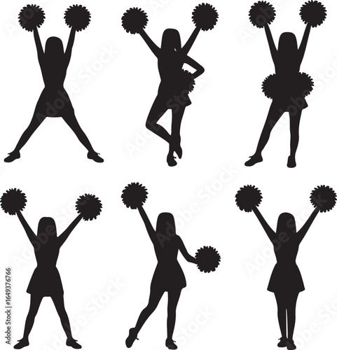 Six cheerleader silhouettes in different poses holding pom poms cheerleaders action