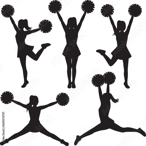 Five cheerleader silhouettes in dynamic poses with pom poms cheerleaders