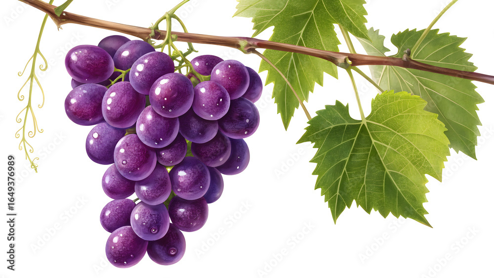 Fototapeta premium Purple grapes, green leaves, fruit illustration, vine branch, realistic drawing