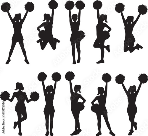Collection of cheerleader silhouettes in various dynamic poses with pom poms cheerleaders group