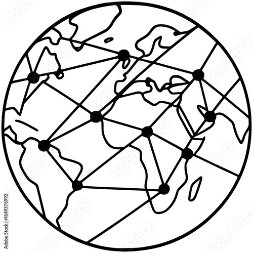 Thin Outline Globe with Connected Network Lines – Monochrome Vector Icon