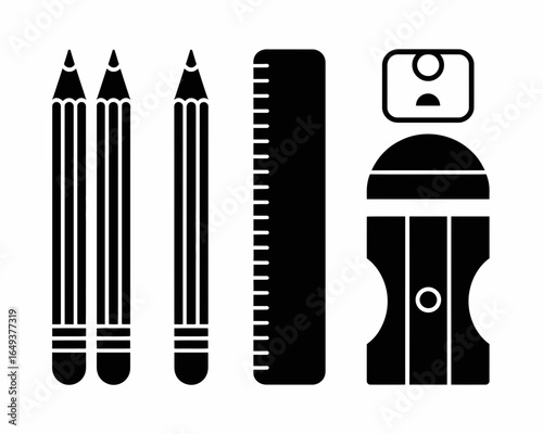 Collection of school supplies including pencils ruler and pencil sharpener silhouette isolated on white background