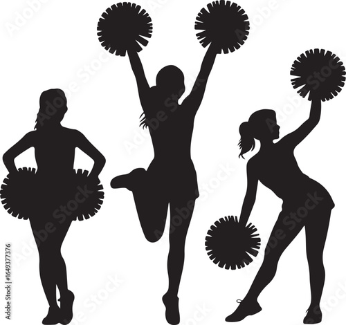 Three Silhouette Cheerleaders Posing with Pom Poms on White Background cheerleading female