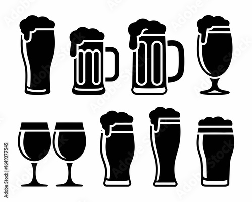 Collection of beer glasses and mugs silhouette isolated on white background