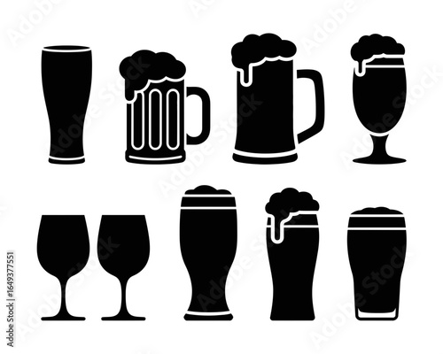 Collection of various beer glasses and wine glasses silhouette isolated on white background