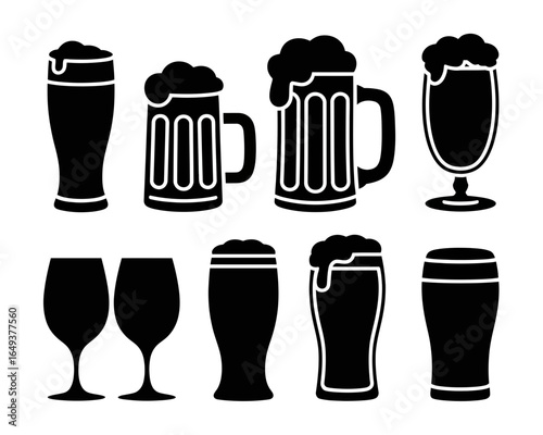Collection of beer glasses and mugs silhouette isolated on white background