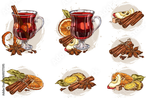 Set of illustrations with mulled wine in glasses, spices, fruits, cinnamon, anise, orange, apple.