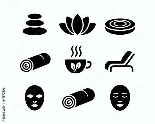 Collection of spa and wellness icons including hot stones lotus flower and massage elements silhouette isolated on white background