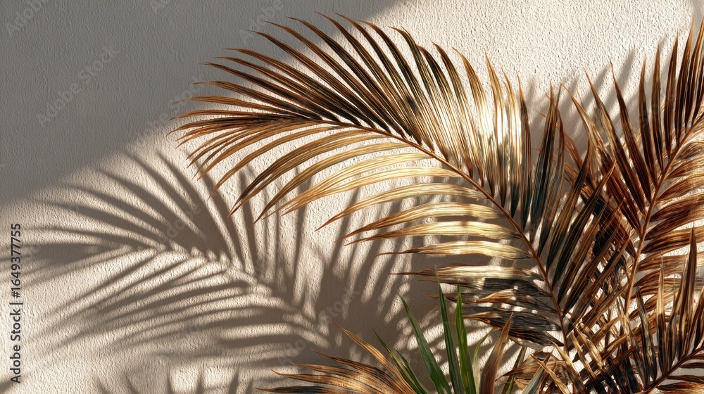 Fototapeta premium Dried palm fronds cast shadows on a light beige wall