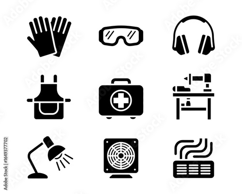 Collection of safety and workshop equipment icons silhouette isolated on white background
