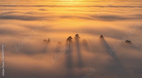 Soft sunlight beams cutting through misty fog, atmospheric lighting, generative ai