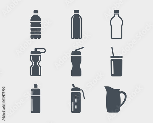 Collection of various water bottles and a pitcher silhouette isolated on white background
