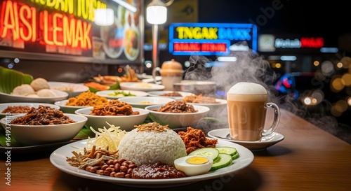 A nostalgic late-night street food experience, complete with comforting nasi lemak and a hot drink.