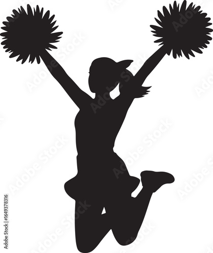 Silhouette of a Cheerful Jumping Cheerleader with Pom Poms on White Background cheerleading