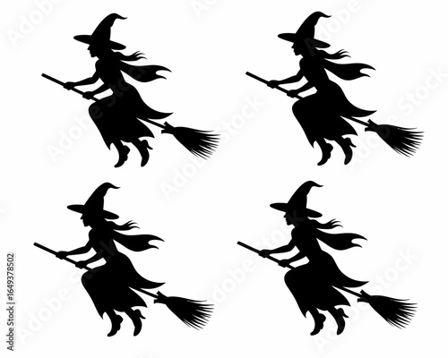 Four identical black witch silhouettes flying on broomsticks isolated on white background silhouette