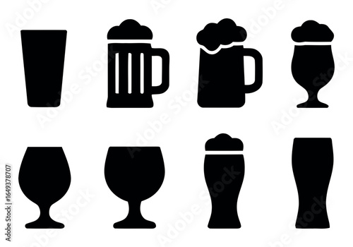 Collection of eight different beer glass silhouettes isolated on white background