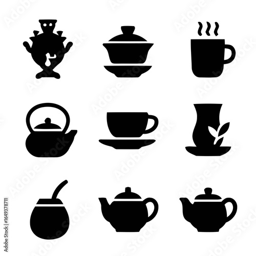 Collection of nine black tea and beverage icons in silhouette isolated on white background
