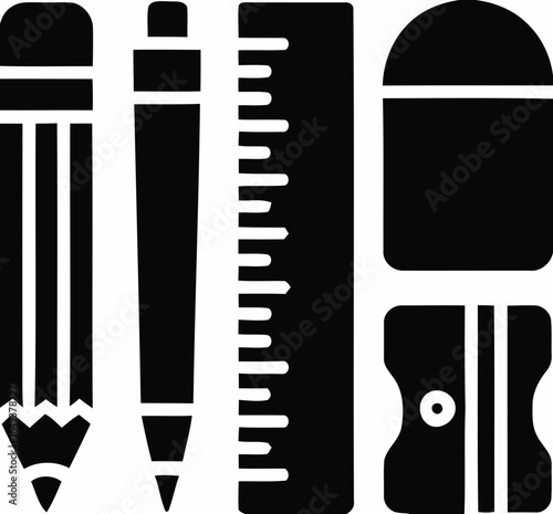 Collection of school supplies including pencil pen ruler eraser and sharpener silhouette isolated on white background