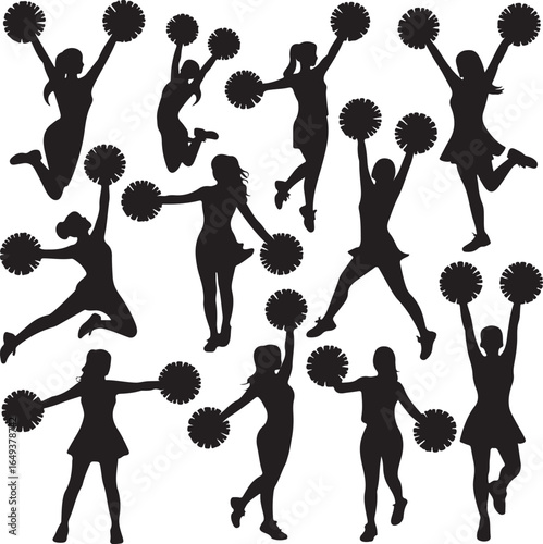 Group of cheerleaders in silhouette performing energetic jumps and poses with pom-poms cheerleading