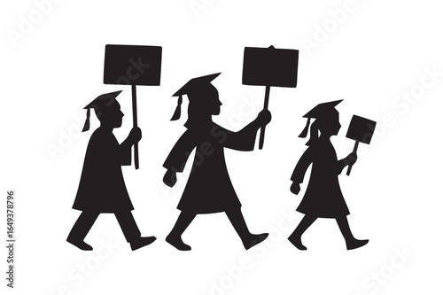 Graduation students in caps and gowns holding signs silhouette isolated on white background