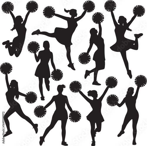 Silhouette cheerleaders performing dynamic poses with pom-poms on white background cheerleading female