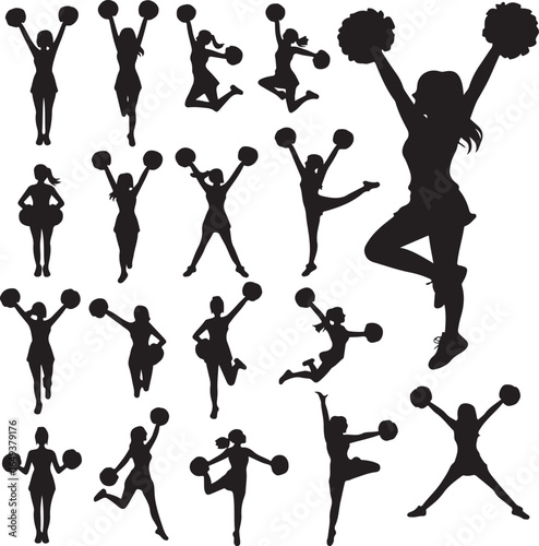 Dynamic silhouettes of cheerleaders in action with pom-poms against a white background cheerleading