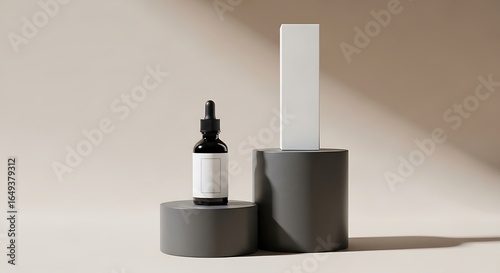 Wallpaper Mural Skincare product arrangement with dark grey podiums and white packaging on a neutral background Torontodigital.ca
