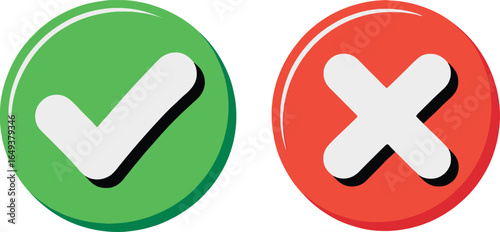 Green Check Mark and Red X Mark Icons in Flat Design on a White Background