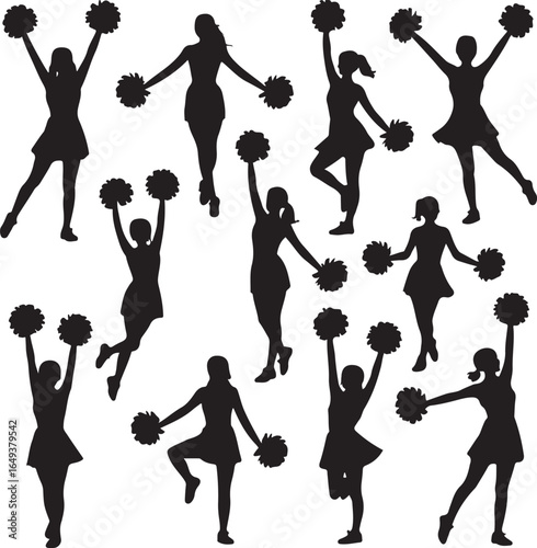 Collection of cheerleader silhouettes in energetic poses holding pom-poms on white background female