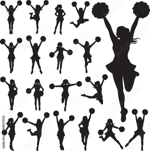 Silhouette cheerleaders in various dynamic poses with pom-poms on white background cheerleading female