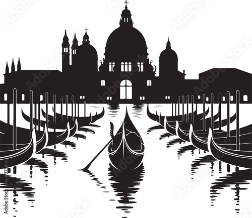 Venice gondolas silhouette reflecting in water with grand buildings