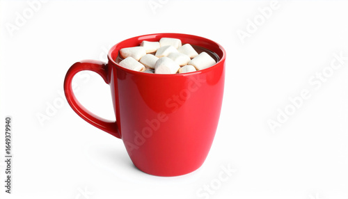 Red ceramic mug holding hot chocolate topped with fluffy marshmallows