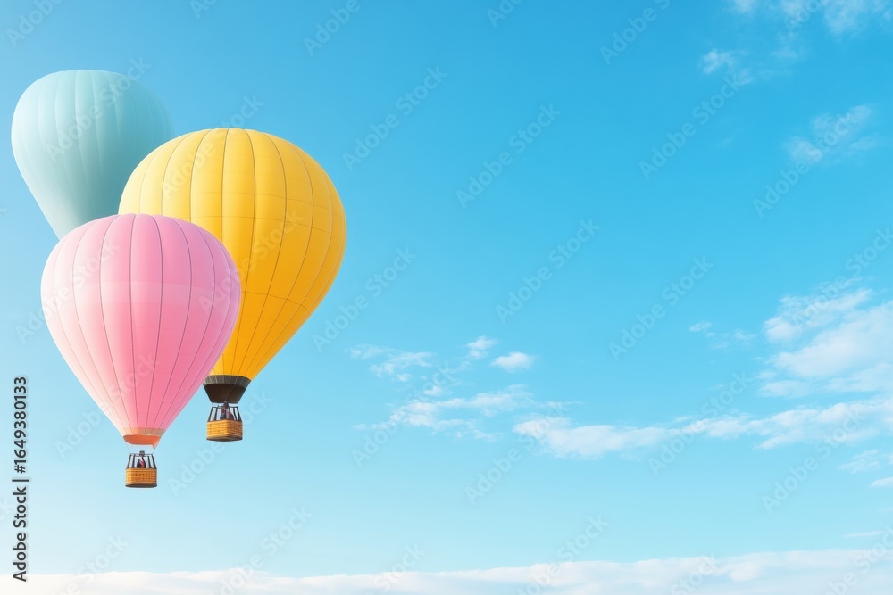 Obraz premium Soaring Dreams: Pastel hot air balloons dance in the vibrant, expansive sky, conjuring feelings of adventure, freedom, and exploration.