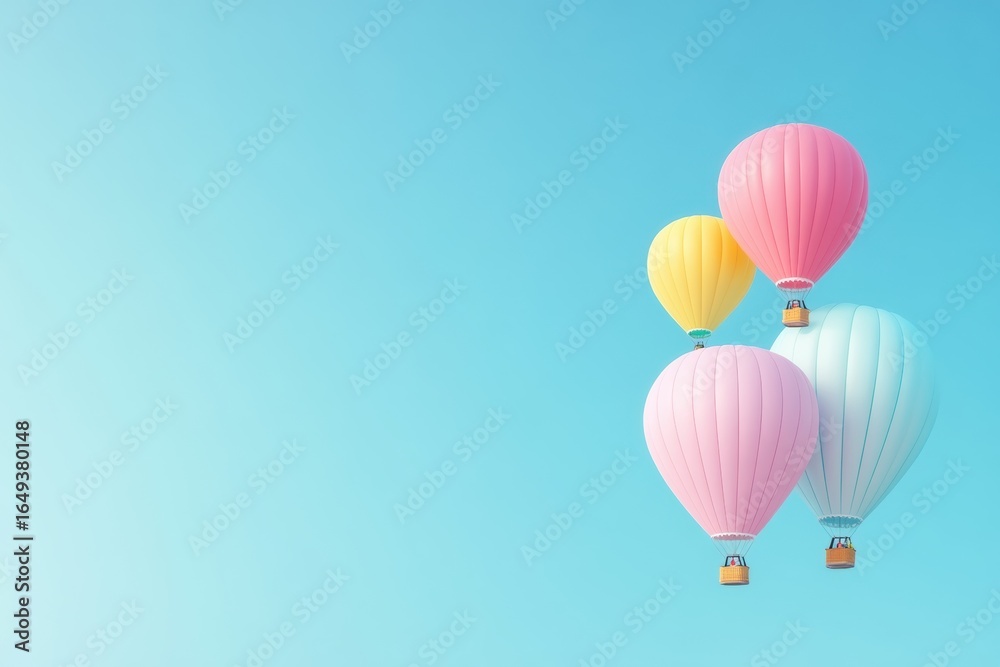 Obraz premium Dreamy Ascent: A cluster of pastel hot air balloons drifts against a bright, azure sky, evoking a sense of wonder, adventure, and freedom, perfect for conveying aspiration, hope.