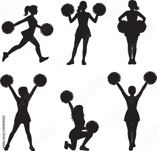 Six black silhouette cheerleaders with pom poms in different poses on white cheerleading