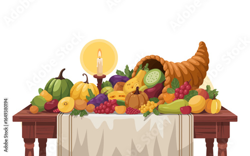 Abundant Harvest Cornucopia With Candle fruits vegetables