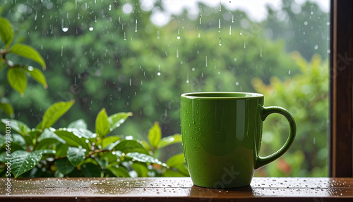 Green Coffee Mug by Rainy Window