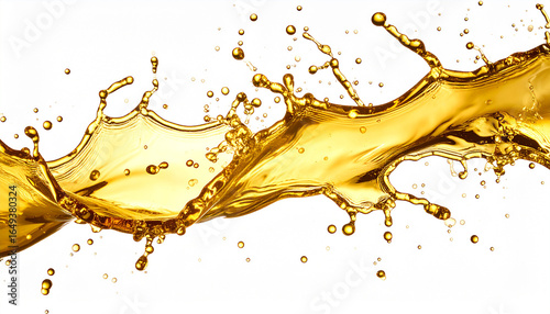 Golden oil splash with flying drops on white background