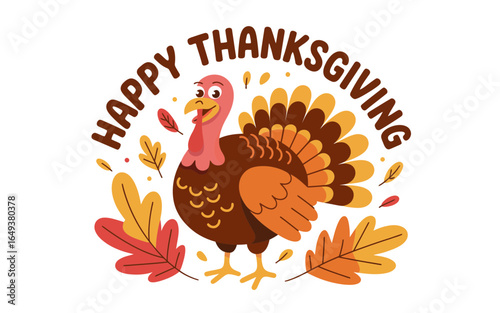 Happy Thanksgiving turkey with autumn leaves fall