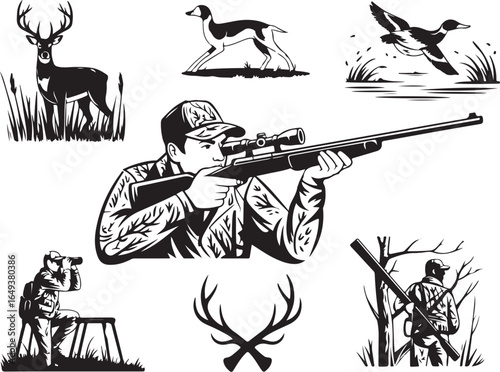 Hunting illustrations with deer, duck, rifle, and hunter silhouette